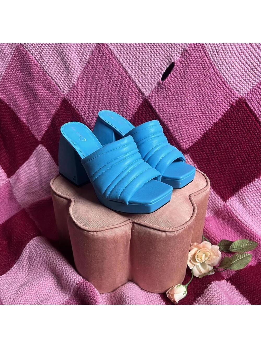 Blue leather chunky heel platform sandals
